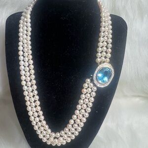 Vintage 14K White Gold & Yellow Gold, Pearl, Topaz, and Diamond Necklace💛🤍💙